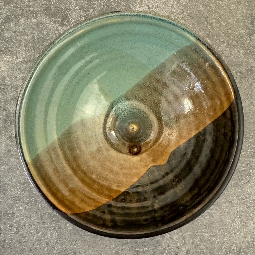 Handcrafted Ceramic Art Plate Trinket Ring Dish- Green and Brown